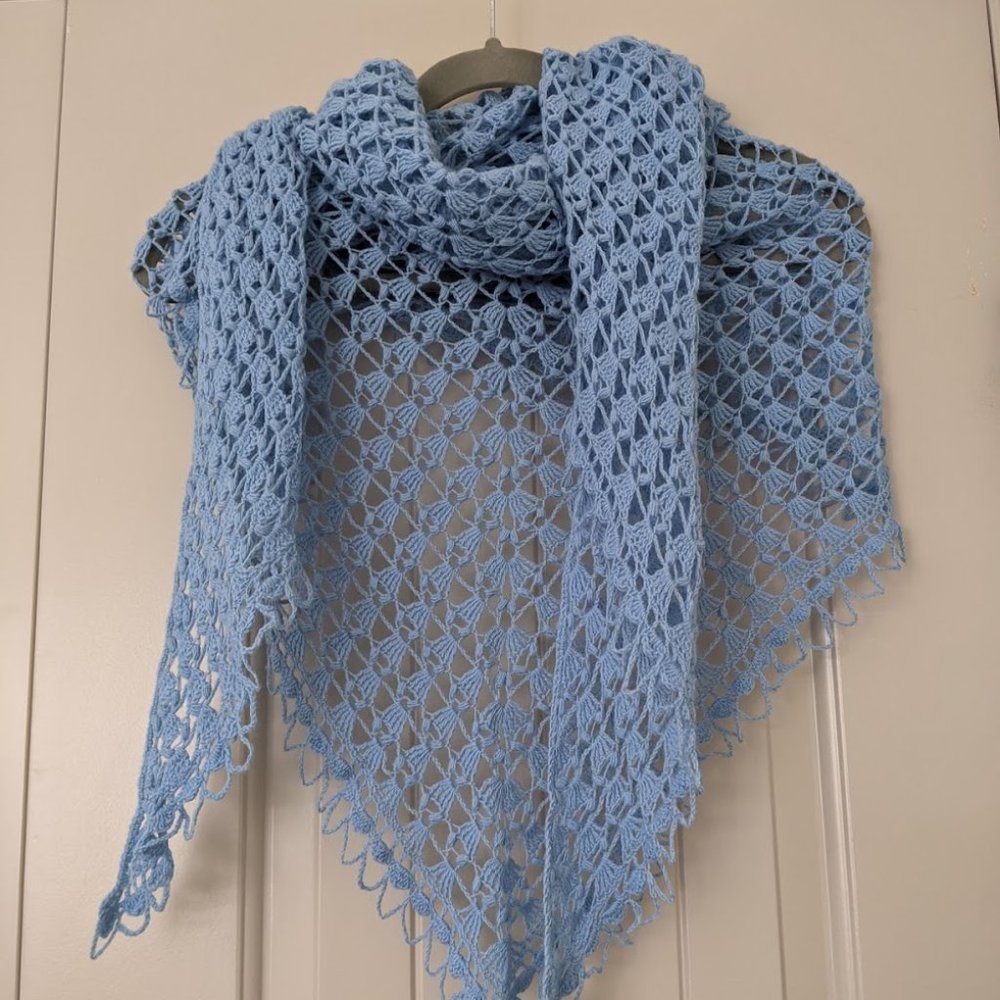 Handmade Crochet Merino Wool Light Blue Shawl. - Picture 1 of 4
